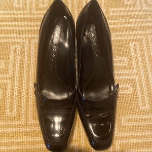 Via Spiga Black Heeled Loafers with blackened silver buckle